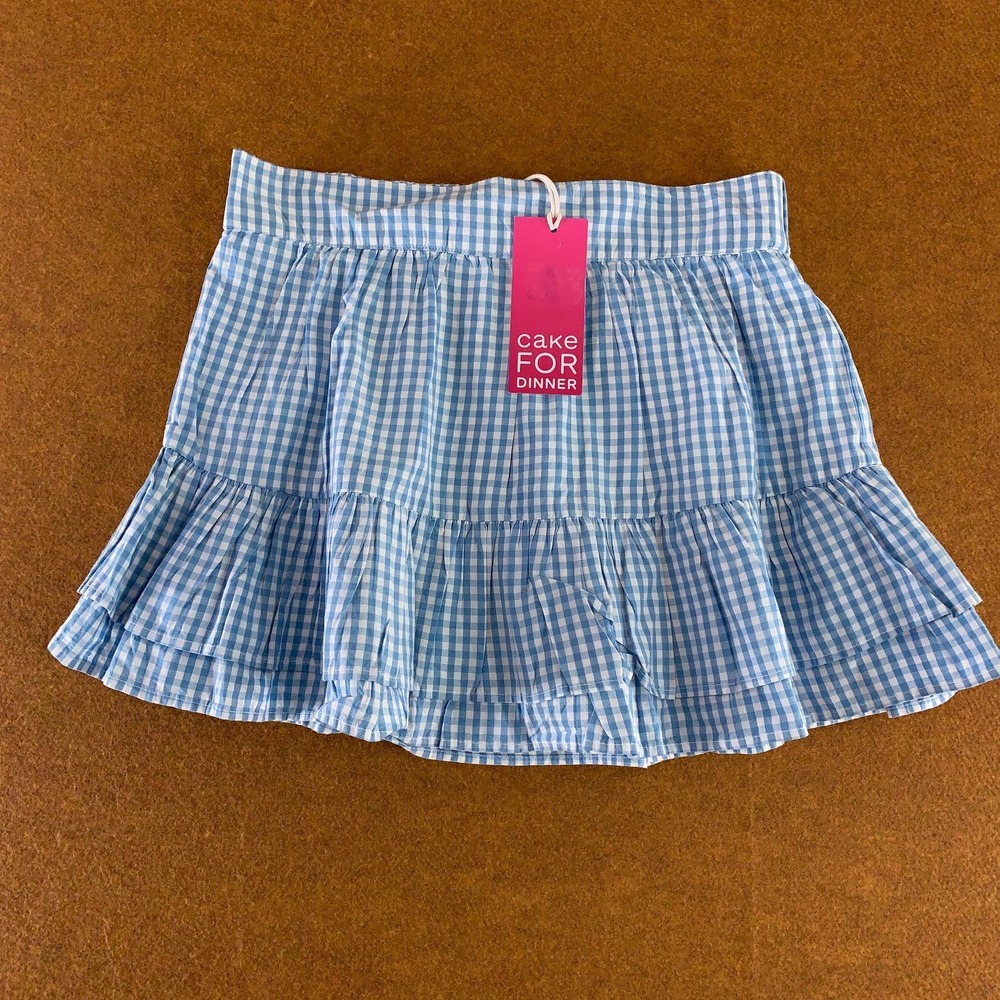 Cake For Dinner Womens Large Blue Julia Gingham Tiered Ruffle Mini Skirt NWT